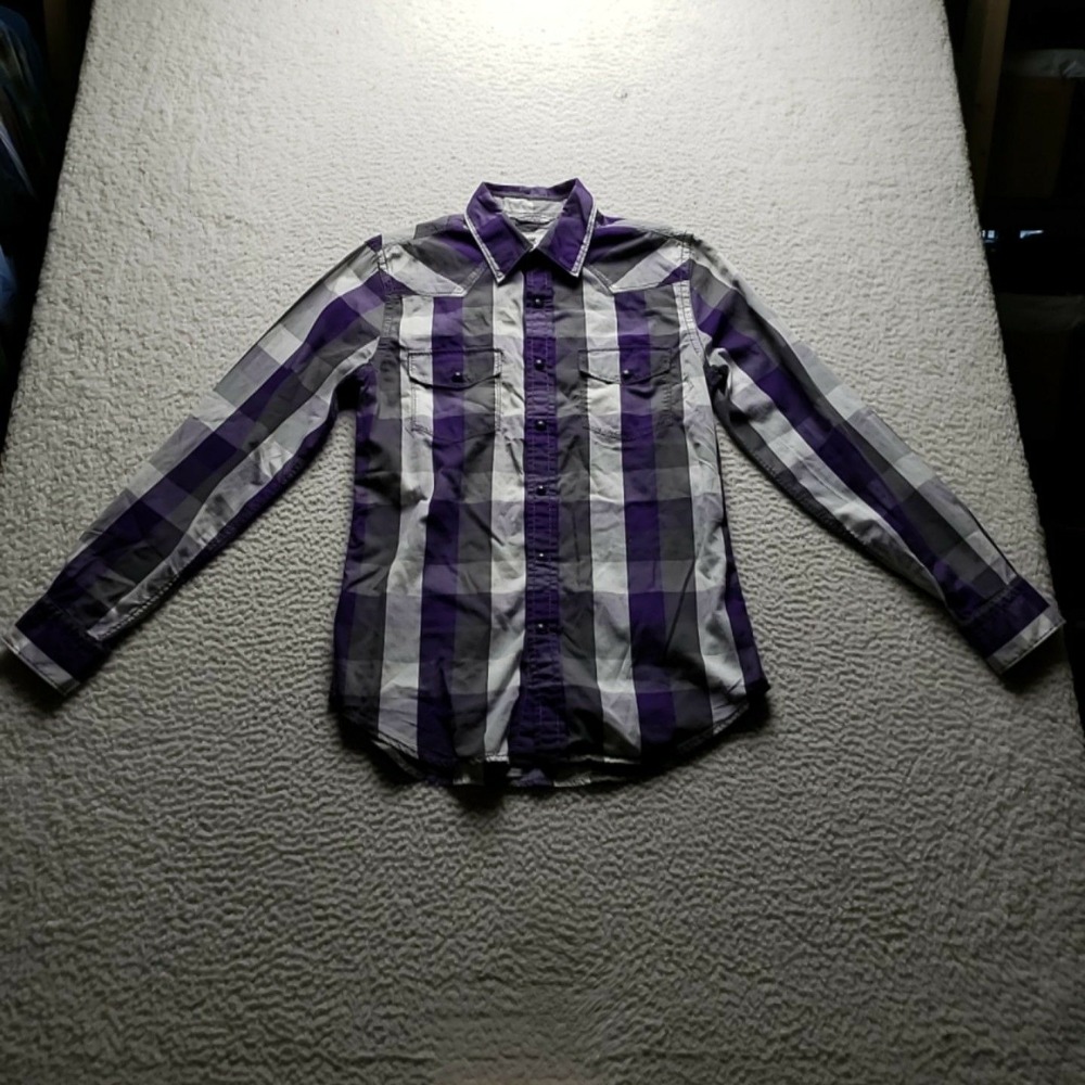 Express Shirt Womens S Purple Gray Plaid 100% Cotton Button Up Long Sleeve